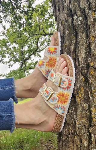 TruFox Women's Comfortable Crochet Double Strap Flat Sandals with Cork Molded Footbed
| TruFox Women's Cork Molded Foot