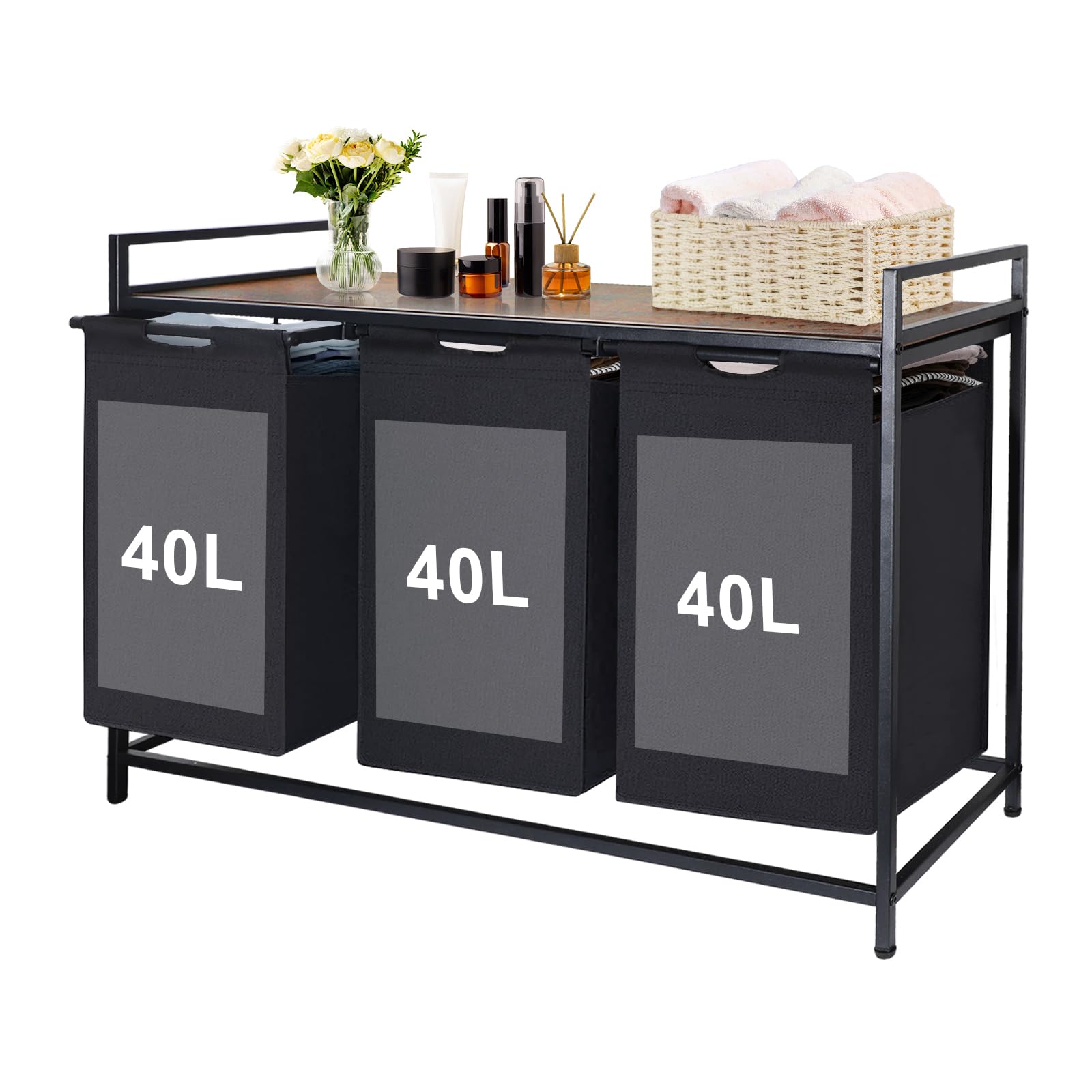 Extra Large 3 Section Laundry Hamper with Shelf for Clothes Sorting - 120L Capacity, Laundry Room & Bedroom Storage